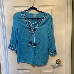 Hatley Turquoise Embroidered Tassel Blouse